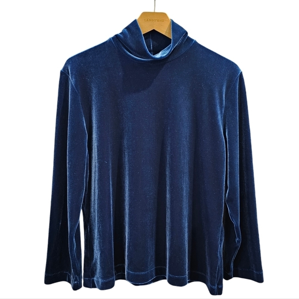 Vintage 90s Lands End Blue Velour Mock Neck Top